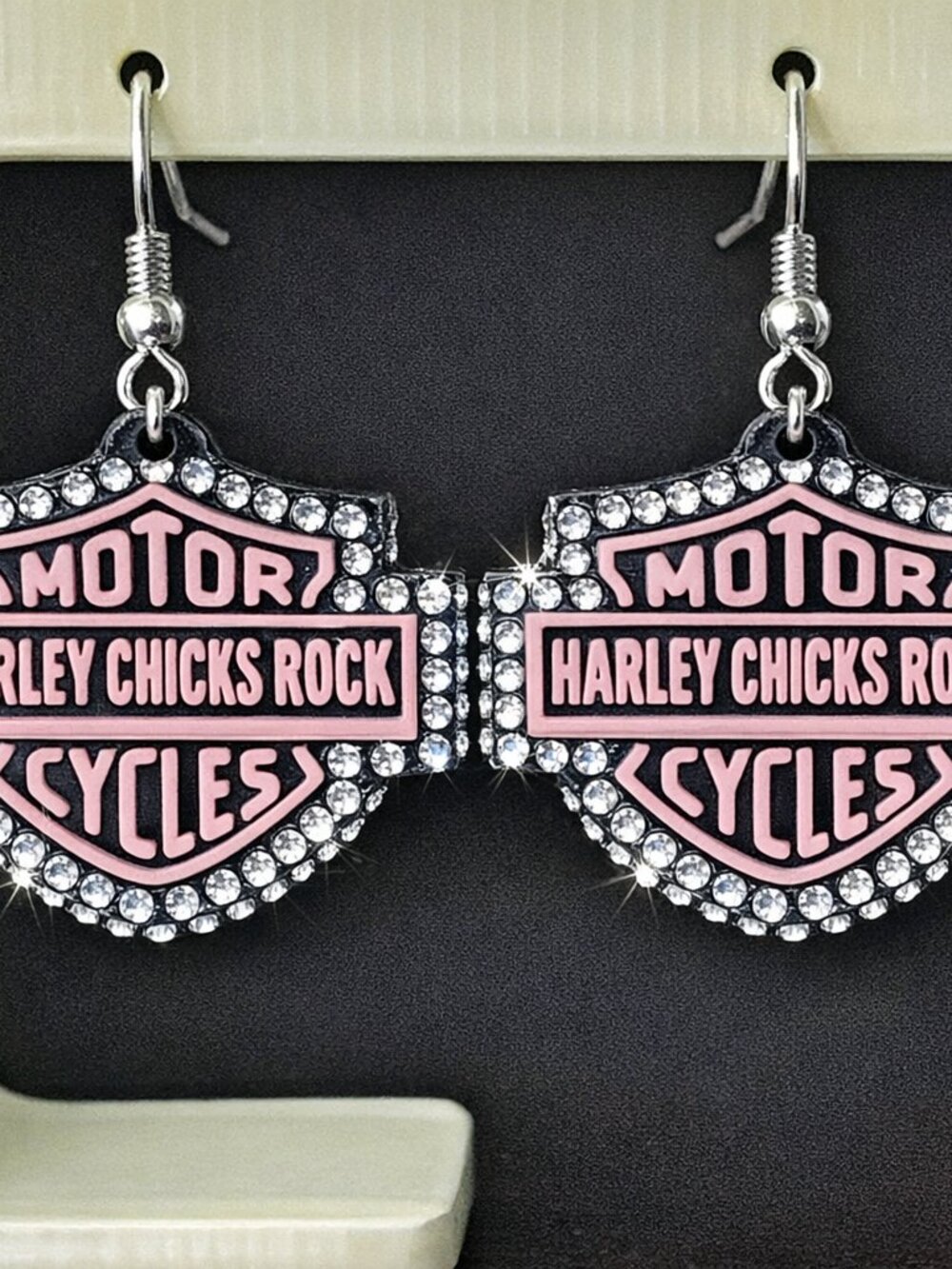 Pink “Harley Chicks Rock” Rhinestone Earrings + Display Stand